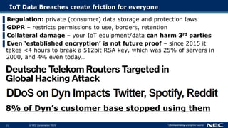 11 © NEC Corporation 2015 NEC Group Internal Use Only11 © NEC Corporation 2019
IoT Data Breaches create friction for everyone
▌Regulation: private (consumer) data storage and protection laws
▌GDPR – restricts permissions to use, borders, retention
▌Collateral damage – your IoT equipment/data can harm 3rd parties
▌Even ‘established encryption’ is not future proof – since 2015 it
takes <4 hours to break a 512bit RSA key, which was 25% of servers in
2000, and 4% even today…
8% of Dyn’s customer base stopped using them
 