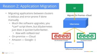 Reason 2: Application Migration
• Migrating applications between clusters
is tedious and error-prone if done
manually
• Much like software upgrades, you
*can* script them, but (K)ubernetes
just does it quicker/safer/better.
• Now with rollback too!
• On-premise ↔ Cloud
• Amazon ↔ Google :-)
• ...
Ubernetes
UI
On-Premise Cluster In-Cloud Cluster
Migrate: On Premise→Cloud
Different Cloud Provider
 
