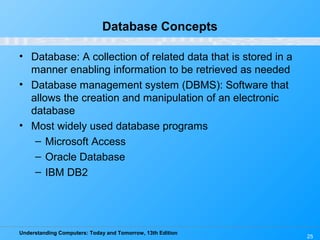Understanding Computers: Today and Tomorrow, 13th Edition
25
Database Concepts
• Database: A collection of related data that is stored in a
manner enabling information to be retrieved as needed
• Database management system (DBMS): Software that
allows the creation and manipulation of an electronic
database
• Most widely used database programs
– Microsoft Access
– Oracle Database
– IBM DB2
 