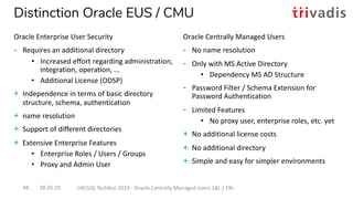 28.05.19 UKOUG Techfest 2019 - Oracle Centrally Managed Users 18c / 19c48
Distinction Oracle EUS / CMU
Oracle Enterprise User Security
- Requires an additional directory
• Increased effort regarding administration,
integration, operation, ...
• Additional License (ODSP)
+ Independence in terms of basic directory
structure, schema, authentication
+ name resolution
+ Support of different directories
+ Extensive Enterprise Features
• Enterprise Roles / Users / Groups
• Proxy and Admin User
Oracle Centrally Managed Users
- No name resolution
- Only with MS Active Directory
• Dependency MS AD Structure
- Password Filter / Schema Extension for
Password Authentication
- Limited Features
• No proxy user, enterprise roles, etc. yet
+ No additional license costs
+ No additional directory
+ Simple and easy for simpler environments
 