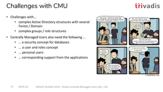Challenges with CMU
28.05.19 UKOUG Techfest 2019 - Oracle Centrally Managed Users 18c / 19c57
• Challenges with...
• complex Active Directory structures with several
Forest / Domain
• complex groups / role structures
• Centrally Managed Users also need the following …
• … a security concept for databases
• ... a user and roles concept
• ... personal users
• ... corresponding support from the applications
 