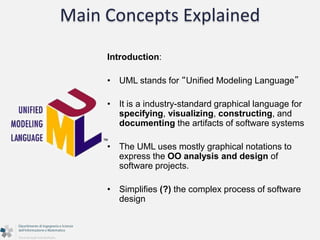 Main Concepts Explained 
Introduction: 
• UML stands for “Unified Modeling Language” 
• It is a industry-standard graphical language for 
specifying, visualizing, constructing, and 
documenting the artifacts of software systems 
• The UML uses mostly graphical notations to 
express the OO analysis and design of 
software projects. 
• Simplifies (?) the complex process of software 
design 
 