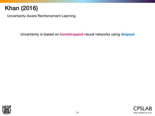 Khan (2016)
24
Uncertainty-Aware Reinforcement Learning
Uncertainty is based on bootstrapped neural networks using dropout
 