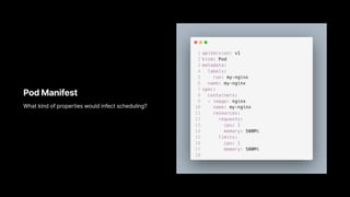 Pod Manifest
What kind of properties would infect scheduling?
 