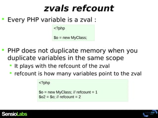 zvals refcount
 Every PHP variable is a zval :
 PHP does not duplicate memory when you
duplicate variables in the same scope
 It plays with the refcount of the zval
 refcount is how many variables point to the zval
<?php
$o = new MyClass;
<?php
$o = new MyClass; // refcount = 1
$o2 = $o; // refcount = 2
 