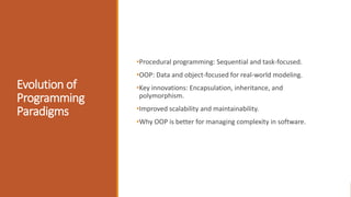 Evolution of
Programming
Paradigms
•Procedural programming: Sequential and task-focused.
•OOP: Data and object-focused for real-world modeling.
•Key innovations: Encapsulation, inheritance, and
polymorphism.
•Improved scalability and maintainability.
•Why OOP is better for managing complexity in software.
 