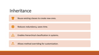 Inheritance
Reuse existing classes to create new ones.
Reduces redundancy, saves time.
Enables hierarchical classification in systems.
Allows method overriding for customization.
 
