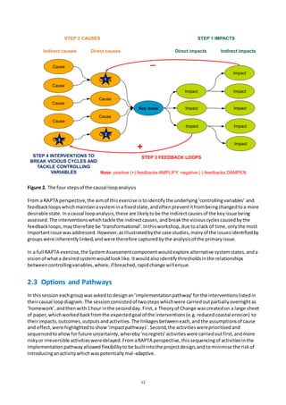 12
Figure 2. The four stepsof the causal loopanalysis
From a RAPTA perspective,the aimof thisexercise istoidentifythe underlying‘controllingvariables’ and
feedbackloops whichmaintainasystemina fixedstate,andoftenpreventitfrombeingchangedtoa more
desirable state.In acausal loopanalysis,these are likelytobe the indirectcausesof the keyissue being
assessed.The interventionswhichtackle the indirectcauses, andbreakthe viciouscyclescausedbythe
feedbackloops,may therefore be ‘transformational’. Inthisworkshop,due toalack of time,onlythe most
importantissue wasaddressed.However,asillustratedbythe case studies,manyof the issuesidentifiedby
groups were inherentlylinked,andwere therefore capturedby the analysisof the primaryissue.
In a full RAPTA exercise,the SystemAssessmentcomponentwouldexplore alternative systemstates,anda
visionof whata desiredsystemwouldlooklike. Itwould alsoidentify thresholds inthe relationships
betweencontrollingvariables,where,if breached,rapidchange willensue.
2.3 Options and Pathways
In thissession eachgroupwasaskedto designan‘implementationpathway’forthe interventionslistedin
theircausal loopdiagram. The sessionconsistedof twosteps whichwere carriedoutpartiallyovernightas
‘homework’,andthenwith1hour inthe secondday.First,a Theoryof Change wascreatedon a large sheet
of paper,whichworkedbackfromthe expectedgoal of the interventions(e.g.reducedcoastal erosion) to
theirimpacts,outcomes,outputsandactivities.The linkagesbetweeneach,andthe assumptionsof cause
and effect,were highlightedto show ‘impactpathways’.Second,the activitieswereprioritisedand
sequencedtoallowforfuture uncertainty,whereby‘noregrets’activitieswere carriedoutfirst,andmore
riskyor irreversible activitiesweredelayed.FromaRAPTA perspective,thissequencingof activitiesinthe
implementationpathwayallowedflexibilityto be builtintothe projectdesign,andtominimise the riskof
introducinganactivitywhichwaspotentiallymal-adaptive.
Key issue
Impact
Impact
Impact
Direct impacts
Impact
Impact
Impact
Indirect impacts
Impact
Impact
STEP 1 IMPACTSSTEP 2 CAUSES
Cause
Cause
Cause
Cause
Cause
Cause
Cause
Cause
Cause
Indirect causes Direct causes
STEP 3 FEEDBACK LOOPS
1
2
3
STEP 4 INTERVENTIONS TO
BREAK VICIOUS CYCLES AND
TACKLE CONTROLLING
VARIABLES
+
_
Note: positive (+) feedbacks AMPLIFY, negative (-) feedbacks DAMPEN
 