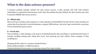 8
What is the data science process?
A business problem typically initiates the data science process. A data scientist will work with business
stakeholders to understand what business needs. Once the problem has been defined, the data scientist may solve
it using the OSEMN data science process:
O – Obtain data
Data can be pre-existing, newly acquired, or a data repository downloadable from the internet. Data scientists can
extract data from internal or external databases, company CRM software, web server logs, social media or purchase
it from trusted third-party sources.
S – Scrub data
Data scrubbing, or data cleaning, is the process of standardizing the data according to a predetermined format. It
includes handling missing data, fixing data errors, and removing any data outliers. Some examples of data
scrubbing are:·
Changing all date values to a common standard format.·
Fixing spelling mistakes or additional spaces.·
Fixing mathematical inaccuracies or removing commas from large numbers.
 