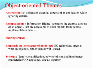 Object oriented Themes 
Abstraction: let’s focus on essential aspects of an application while 
ignoring details. 
Encapsulation :( Information Hiding) separates the external aspects 
of an object , that are accessible to other objects from internal 
implementation details. 
Sharing (reuse) 
Emphasis on the essence of an object: OO technology stresses 
what an object is, rather than how it is used. 
Synergy: Identity, classification, polymorphism, and inheritance 
characterize OO languages. Use all together. 
 