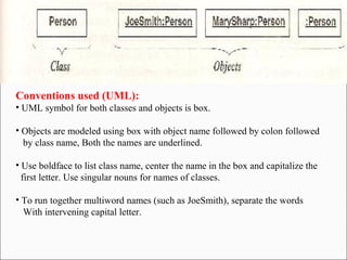 Conventions used (UML): 
• UML symbol for both classes and objects is box. 
• Objects are modeled using box with object name followed by colon followed 
by class name, Both the names are underlined. 
• Use boldface to list class name, center the name in the box and capitalize the 
first letter. Use singular nouns for names of classes. 
• To run together multiword names (such as JoeSmith), separate the words 
With intervening capital letter. 
 