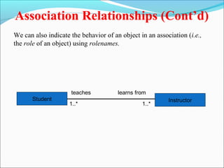 Association Relationships (Cont’d) 
We can also indicate the behavior of an object in an association (i.e., 
the role of an object) using rolenames. 
teaches learns from 
Student Instructor 
1..* 1..* 
 