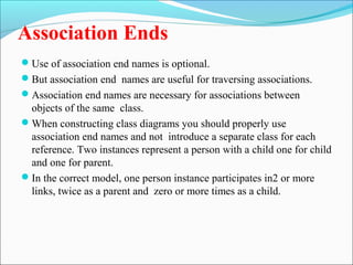 Association Ends 
Use of association end names is optional. 
But association end names are useful for traversing associations. 
Association end names are necessary for associations between 
objects of the same class. 
When constructing class diagrams you should properly use 
association end names and not introduce a separate class for each 
reference. Two instances represent a person with a child one for child 
and one for parent. 
In the correct model, one person instance participates in2 or more 
links, twice as a parent and zero or more times as a child. 
 