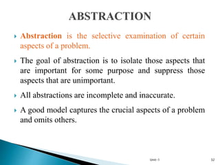  Abstraction is the selective examination of certain
aspects of a problem.
 The goal of abstraction is to isolate those aspects that
are important for some purpose and suppress those
aspects that are unimportant.
 All abstractions are incomplete and inaccurate.
 A good model captures the crucial aspects of a problem
and omits others.
Unit-1 32
 