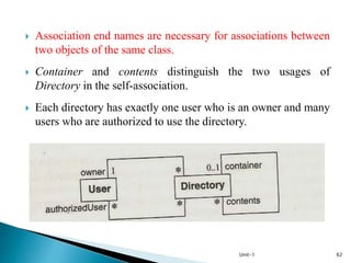  Association end names are necessary for associations between
two objects of the same class.
 Container and contents distinguish the two usages of
Directory in the self-association.
 Each directory has exactly one user who is an owner and many
users who are authorized to use the directory.
Unit-1 62
 