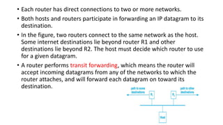 • Each router has direct connections to two or more networks.
• Both hosts and routers participate in forwarding an IP datagram to its
destination.
• In the figure, two routers connect to the same network as the host.
Some internet destinations lie beyond router R1 and other
destinations lie beyond R2. The host must decide which router to use
for a given datagram.
• A router performs transit forwarding, which means the router will
accept incoming datagrams from any of the networks to which the
router attaches, and will forward each datagram on toward its
destination.
 
