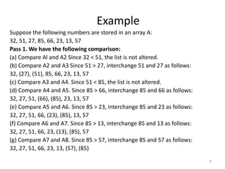 Example
Suppose the following numbers are stored in an array A:
32, 51, 27, 85, 66, 23, 13, 57
Pass 1. We have the following comparison:
(a) Compare Al and A2 Since 32 < 51, the list is not altered.
(b) Compare A2 and A3 Since 51 > 27, interchange 51 and 27 as follows:
32, (27), (51), 85, 66, 23, 13, 57
(c) Compare A3 and A4. Since 51 < 85, the list is not altered.
(d) Compare A4 and A5. Since 85 > 66, interchange 85 and 66 as follows:
32, 27, 51, (66), (85), 23, 13, 57
(e) Compare A5 and A6. Since 85 > 23, interchange 85 and 23 as follows:
32, 27, 51, 66, (23), (85), 13, 57
(f) Compare A6 and A7. Since 85 > 13, interchange 85 and 13 as follows:
32, 27, 51, 66, 23, (13), (85), 57
(g) Compare A7 and A8. Since 85 > 57, interchange 85 and 57 as follows:
32, 27, 51, 66, 23, 13, (57), (85)
4
 