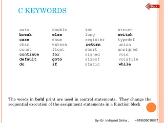 By- Er. Indrajeet Sinha , +919509010997
C KEYWORDS
auto double int struct
break else long switch
case enum register typedef
char extern return union
const float short unsigned
continue for signed void
default goto sizeof volatile
do if static while
The words in bold print are used in control statements. They change the
sequential execution of the assignment statements in a function block
 