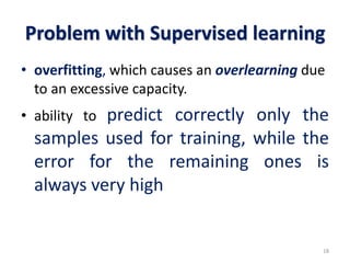 Problem with Supervised learning
• overfitting, which causes an overlearning due
to an excessive capacity.
• ability to predict correctly only the
samples used for training, while the
error for the remaining ones is
always very high
18
 