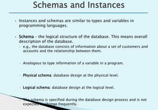  Instances and schemas are similar to types and variables in
programming languages.
 Schema – the logical structure of the database. This means overall
description of the database.
• e.g., the database consists of information about a set of customers and
accounts and the relationship between them.
• Analogous to type information of a variable in a program.
• Physical schema: database design at the physical level.
• Logical schema: database design at the logical level.
• The schema is specified during the database design process and is not
expected to change frequently.
Schemas and Instances
 