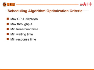 Scheduling Algorithm Optimization Criteria
 Max CPU utilization
 Max throughput
 Min turnaround time
 Min waiting time
 Min response time
 