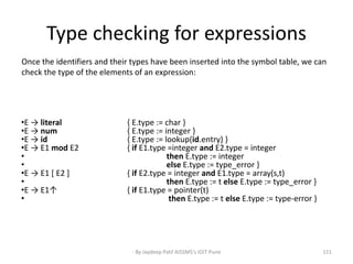Type checking for expressions
•E → literal { E.type := char }
•E → num { E.type := integer }
•E → id { E.type := lookup(id.entry) }
•E → E1 mod E2 { if E1.type =integer and E2.type = integer
• then E.type := integer
• else E.type := type_error }
•E → E1 [ E2 ] { if E2.type = integer and E1.type = array(s,t)
• then E.type := t else E.type := type_error }
•E → E1↑ { if E1.type = pointer(t)
• then E.type := t else E.type := type-error }
Once the identifiers and their types have been inserted into the symbol table, we can
check the type of the elements of an expression:
151- By Jaydeep Patil AISSMS's IOIT Pune
 