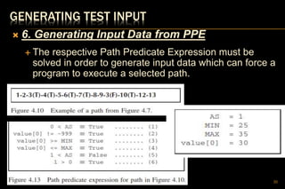 GENERATING TEST INPUT
 6. Generating Input Data from PPE
 The respective Path Predicate Expression must be
solved in order to generate input data which can force a
program to execute a selected path.
30
 