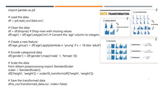 import pandas as pd
# Load the data
df = pd.read_csv('data.csv')
# Clean the data
df = df.dropna() # Drop rows with missing values
df['age'] = df['age'].astype('int') # Convert the 'age' column to integers
# Create a new feature
df['age_group'] = df['age'].apply(lambda x: 'young' if x < 18 else 'adult')
# Encode categorical data
df['gender'] = df['gender'].map({'male': 1, 'female': 0})
# Scale the data
from sklearn.preprocessing import StandardScaler
scaler = StandardScaler()
df[['height', 'weight']] = scaler.fit_transform(df[['height', 'weight']])
# Save the transformed data
df.to_csv('transformed_data.csv', index=False)
16
 
