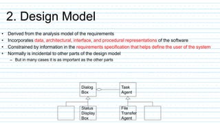 2. Design Model
• Derived from the analysis model of the requirements
• Incorporates data, architectural, interface, and procedural representations of the software
• Constrained by information in the requirements specification that helps define the user of the system
• Normally is incidental to other parts of the design model
– But in many cases it is as important as the other parts
Task
Agent
Status
Display
Box
Dialog
Box
File
Transfer
Agent
 
