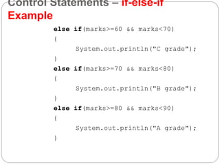 Control Statements – if-else-if
Example
else if(marks>=60 && marks<70)
{
System.out.println("C grade");
}
else if(marks>=70 && marks<80)
{
System.out.println("B grade");
}
else if(marks>=80 && marks<90)
{
System.out.println("A grade");
}
 