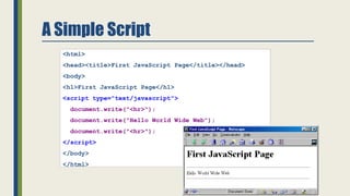 A Simple Script
<html>
<head><title>First JavaScript Page</title></head>
<body>
<h1>First JavaScript Page</h1>
<script type="text/javascript">
document.write("<hr>");
document.write("Hello World Wide Web");
document.write("<hr>");
</script>
</body>
</html>
 