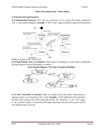 CS8592 Object Oriented Analysis and Design Unit III
III IT Prepared by Kaviya.P, AP/IT Page 12
Order Processing System – Order Object
2. Protocols and Legal Sequences
a) Communication Protocols: TCP, and new protocols, can be easily and clearly understood
with a state machine diagram. Example: A TCP "close" request should be ignored if the protocol
handler is already in the "closed" state.
b) UI Page/Window Flow or Navigation: When doing UI modeling, it can be useful to understand
the legal sequence between Web pages or windows;
State Machine Diagram - Web Page Navigation Modeling
c) UI Flow Controllers or Sessions: These are usually server-side objects representing an
ongoing session or conversations with a client. Example: A Web application that remembers
the state of the session with a Web client and controls the transitions to new Web pages,
or the modified display of thecurrent Web page, based upon the state of the session and the
next operation that is received.
 