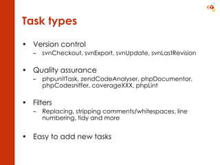 Task types Version control svnCheckout, svnExport, svnUpdate, svnLastRevision Quality assurance phpunitTask, zendCodeAnalyser, phpDocumentor, phpCodesniffer, coverageXXX, phpLint Filters Replacing, stripping comments/whitespaces, line numbering, tidy and more Easy to add new tasks 