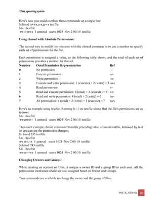 Unix operating system
Prof. K. Adisesha 30
Here's how you could combine these commands on a single line:
$chmod o+wx,u-x,g=rx testfile
$ls -l testfile
-rw-r-xrwx 1 amrood users 1024 Nov 2 00:10 testfile
Using chmod with Absolute Permissions:
The second way to modify permissions with the chmod command is to use a number to specify
each set of permissions for the file.
Each permission is assigned a value, as the following table shows, and the total of each set of
permissions provides a number for that set.
Number Octal Permission Representation Ref
0 No permission ---
1 Execute permission --x
2 Write permission -w-
3 Execute and write permission: 1 (execute) + 2 (write) = 3 -wx
4 Read permission r--
5 Read and execute permission: 4 (read) + 1 (execute) = 5 r-x
6 Read and write permission: 4 (read) + 2 (write) = 6 rw-
7 All permissions: 4 (read) + 2 (write) + 1 (execute) = 7 rwx
Here's an example using testfile. Running ls -1 on testfile shows that the file's permissions are as
follows:
$ls -l testfile
-rwxrwxr-- 1 amrood users 1024 Nov 2 00:10 testfile
Then each example chmod command from the preceding table is run on testfile, followed by ls -l
so you can see the permission changes:
$ chmod 755 testfile
$ls -l testfile
-rwxr-xr-x 1 amrood users 1024 Nov 2 00:10 testfile
$chmod 743 testfile
$ls -l testfile
-rwxr---wx 1 amrood users 1024 Nov 2 00:10 testfile
Changing Owners and Groups:
While creating an account on Unix, it assigns a owner ID and a group ID to each user. All the
permissions mentioned above are also assigned based on Owner and Groups.
Two commands are available to change the owner and the group of files:
 