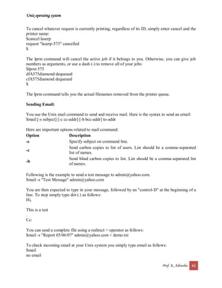 Unix operating system
Prof. K. Adisesha 43
To cancel whatever request is currently printing, regardless of its ID, simply enter cancel and the
printer name:
$cancel laserp
request "laserp-573" cancelled
$
The lprm command will cancel the active job if it belongs to you. Otherwise, you can give job
numbers as arguments, or use a dash (-) to remove all of your jobs:
$lprm 575
dfA575diamond dequeued
cfA575diamond dequeued
$
The lprm command tells you the actual filenames removed from the printer queue.
Sending Email:
You use the Unix mail command to send and receive mail. Here is the syntax to send an email:
$mail [-s subject] [-c cc-addr] [-b bcc-addr] to-addr
Here are important options related to mail command:
Option Description
-s Specify subject on command line.
-c
Send carbon copies to list of users. List should be a comma-separated
list of names.
-b
Send blind carbon copies to list. List should be a comma-separated list
of names.
Following is the example to send a test message to admin@yahoo.com.
$mail -s "Test Message" admin@yahoo.com
You are then expected to type in your message, followed by an "control-D" at the beginning of a
line. To stop simply type dot (.) as follows:
Hi,
This is a test
.
Cc:
You can send a complete file using a redirect < operator as follows:
$mail -s "Report 05/06/07" admin@yahoo.com < demo.txt
To check incoming email at your Unix system you simply type email as follows:
$mail
no email
 
