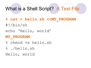 What is a Shell Script? A Text File
% cat > hello.sh <<MY_PROGRAM
#!/bin/sh
echo ‘Hello, world’
MY_PROGRAM
% chmod +x hello.sh
% ./hello.sh
Hello, world
 