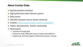 4 © Hortonworks Inc. 2011 – 2017 All Rights Reserved
About Carolyn Duby
 Big Data Solutions Architect
 High performance data intensive systems
 Data science
 ScB ScM Computer Science, Brown University
 LinkedIn: https://www.linkedin.com/in/carolynduby/
 Twitter: @carolynduby Github: carolynduby
 Hortonworks
– Innovation through data
– Enterprise ready, 100% open source, modern data platforms
– Engineering, Technical Support, Professional Services, Training
 