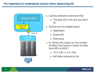 It’s important to understand caches when observing I/O



                                  "   Caches attempt to eliminate I/Os
             Database Cache
                                       "   The best I/O is the one you don’t
                                           do
          Guest OS
                                  "   Caches are at multiple layers:
           Cache
                                       "   Application
                       /dev/hda
                                       "   Guest-OS
               Controller
                Cache                  "   Disk-array
                                  "   Q: What’s the impact on the number
                                      of disks if we improve cache hit rates
                                      from 90% to 95%?
                                       "   10 in 100 => 5 in 100…
                                       "   #of disks reduced by 2x!




192
 