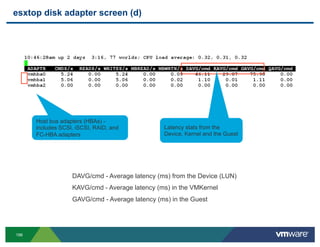 esxtop disk adapter screen (d)




      Host bus adapters (HBAs) -
      includes SCSI, iSCSI, RAID, and           Latency stats from the
      FC-HBA adapters                           Device, Kernel and the Guest




                   DAVG/cmd - Average latency (ms) from the Device (LUN)
                   KAVG/cmd - Average latency (ms) in the VMKernel
                   GAVG/cmd - Average latency (ms) in the Guest




198
 