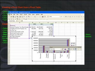 Creating a Pivot Chart from a Pivot Table •  Click on the  PivotTable  toolbar and  PivotChart.  A bar chart will appear. •  To change a chart type, click on  Chart  dropdown menu,  Chart Type,  and select type. •  Click on  Chart , then  Chart Options  to add a title, axis labels, change format, etc. •  Click on  PivotTable  arrow and  Hide PivotChart Buttons  to eliminate them. •  Type X axis value labels on the Pivot Table as you want them to appear in the chart. Creating a chart using Chart Wizard •  Select columns containing data for the chart (including column headings). •  Click on  ChartWizard  (bar graph) icon on toolbar. •  Step 1 of 4 – Chart Type:  Select chart type in  Chart Wizard  dialogue box (step 1 of 4). Click  Next . •  Step 2 of 4 – Chart Source Data:  Click on  Series  tab and place cursor in box for  Category (X) axis labels:  Select labels on worksheet. When you let up on mouse, labels will appear on chart. Edit series labels in  Name:  box if desired. Click  Next . •  Step 3 of 4 – Chart Options:  Type in title for chart and labels for category X and Y axis. •  Click  Next  and  Finish . 