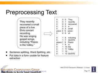 Preprocessing Text Sentence splitting, Word Splitting, etc. Put data in a form usable for feature extraction slide thanks to Kevin Small (modified) They recently recovered a small piece of a live Elvis concert recording. He was singing gospel songs, including “Peace in the Valley.”  0  0  0  They 0  0  1  recently 0  0  2  recovered 0  0  3  a 0  0  4  small piece  0  5  piece 0  0  6  of : 0  1  6  including 0  1  7  QUOTE peace 1  8  Peace 0  1  9  in 0  1  10  the 0  1  11  Valley 0  1  12  . 0  1  13  QUOTE 