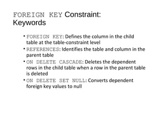 FOREIGN KEY Constraint:
Keywords
• FOREIGN KEY: Defines the column in the child
table at the table-constraint level
• REFERENCES: Identifies the table and column in the
parent table
• ON DELETE CASCADE: Deletes the dependent
rows in the child table when a row in the parent table
is deleted
• ON DELETE SET NULL: Converts dependent
foreign key values to null
 