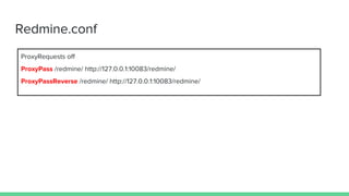 Redmine.conf
ProxyRequests off
ProxyPass /redmine/ http://127.0.0.1:10083/redmine/
ProxyPassReverse /redmine/ http://127.0.0.1:10083/redmine/
 
