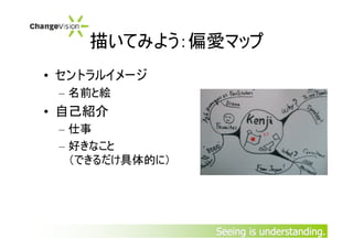 描いてみよう：偏愛マップ
     • セントラルイメージ
      – 名前と絵
     • 自己紹介
      – 仕事
      – 好きなこと
        （できるだけ具体的に）




10                    Seeing is understanding.
 