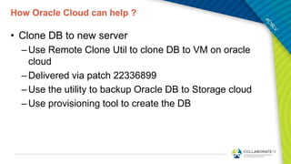 How Oracle Cloud can help ?
• Clone DB to new server
–Use Remote Clone Util to clone DB to VM on oracle
cloud
–Delivered via patch 22336899
–Use the utility to backup Oracle DB to Storage cloud
–Use provisioning tool to create the DB
 