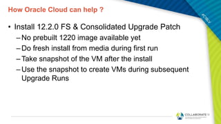 How Oracle Cloud can help ?
• Install 12.2.0 FS & Consolidated Upgrade Patch
–No prebuilt 1220 image available yet
–Do fresh install from media during first run
–Take snapshot of the VM after the install
–Use the snapshot to create VMs during subsequent
Upgrade Runs
 
