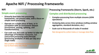 18 © Hortonworks Inc. 2011–2018. All rights reserved
Apache NiFi / Processing Frameworks
NiFi
Simple event processing
• Primarily feed data into processing
frameworks, can process data, with a focus on
simple event processing
• Operate on a single piece of data, or in
correlation with an enrichment dataset
(enrichment, parsing, splitting, and
transformations)
• Can scale out, but scale up better to take full
advantage of hardware resources, run
concurrent processing tasks/threads
(processing terabytes of data per day on a
single node)
Not another distributed processing framework,
but to feed data into those
Processing Frameworks (Storm, Spark, etc.)
Complex and distributed processing
• Complex processing from multiple streams (JOIN
operations)
• Analyzing data across time windows (rolling window
aggregation, standard deviation, etc.)
• Scale out to thousands of nodes if needed
Not designed to collect data or manage data flow
 