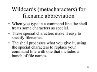 Wildcards (metacharacters) for filename abbreviation When you type in a command line the shell treats some characters as special. These special characters make it easy to specify filenames. The shell processes what you give it, using the special characters to replace your command line with one that includes a bunch of file names. 