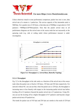 For more Https://www.ThesisScientist.com
114
Unless otherwise stated in some performance comparison, packet loss rate is zero, data
arrival rate of a stream is 1 packet/sec. The service capacity of the intermedia node is
9600 bps. For a packet size of 128 bytes, a link data rate of 9600bps is equivalent to 9.48
packets/s =9600bps/(128*8bits/packet). Note that the packet arrival rates in all
performance diagrams are the arrival rates at the source node but not necessarily at the
queueing node (e.g. sink or coding node) whose performance measure is under
investigation.
Figure 5.2: Throughput vs. Arrival Rate, Butterfly Topology
5.2.1.1 Throughput
Fig. 5.2 is the throughput at the sink node as a function of the arrival rate at the source
node when the packet size is fixed at 128 bytes, 192 byte and 256 byte respectively. For
network without NC, one can see that, when the packet size is 128 byte, the throughput is
increasing more or less linearly with respect to the increasing packet arrival rate before
leveling off at 4.5 packets/s beyond the packet arrival rate of 5 packets/sec. Using NC,
one can see the leveling off at a higher throughput of 8.7 packets/s and beyond a larger
packet arrival rate of 9 packets/sec.
The trends for packet size of 192 byte and 256 byte are similar to the result of 128 byte
 