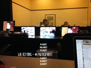9:30am
                 10:30am
                 11:30am

lab setting - 6 participants
                 1:30pm
                 2:30pm
                 3:30pm
 